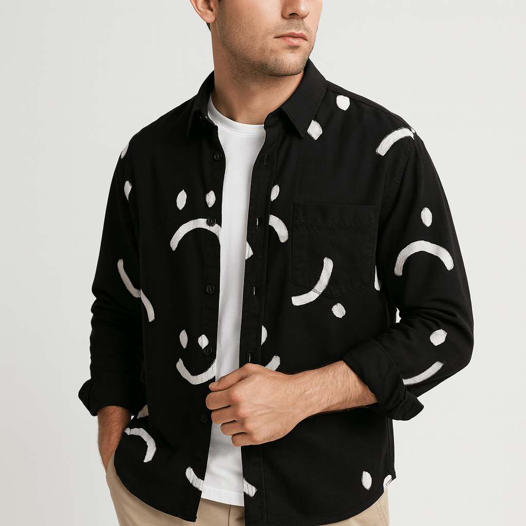 Soviska | Abstrakcyjny wzór koszuli z długim rękawem-Koszule casualowe-Soviska-Biały-S-Soviska