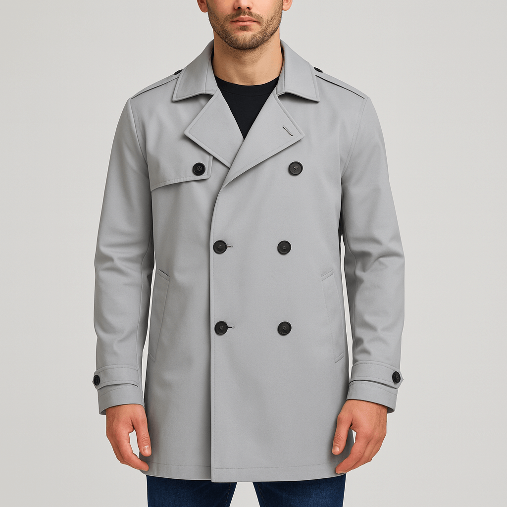 Soviska | Dwurzędowy trencz z klapą sztormową-Płaszcze i kurtki-Soviska-Szary-XS-Soviska