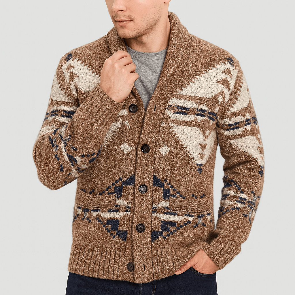 Soviska | Geometryczny wzór wełniany kardigan-Swetry-Soviska-Beżowy-M-Soviska