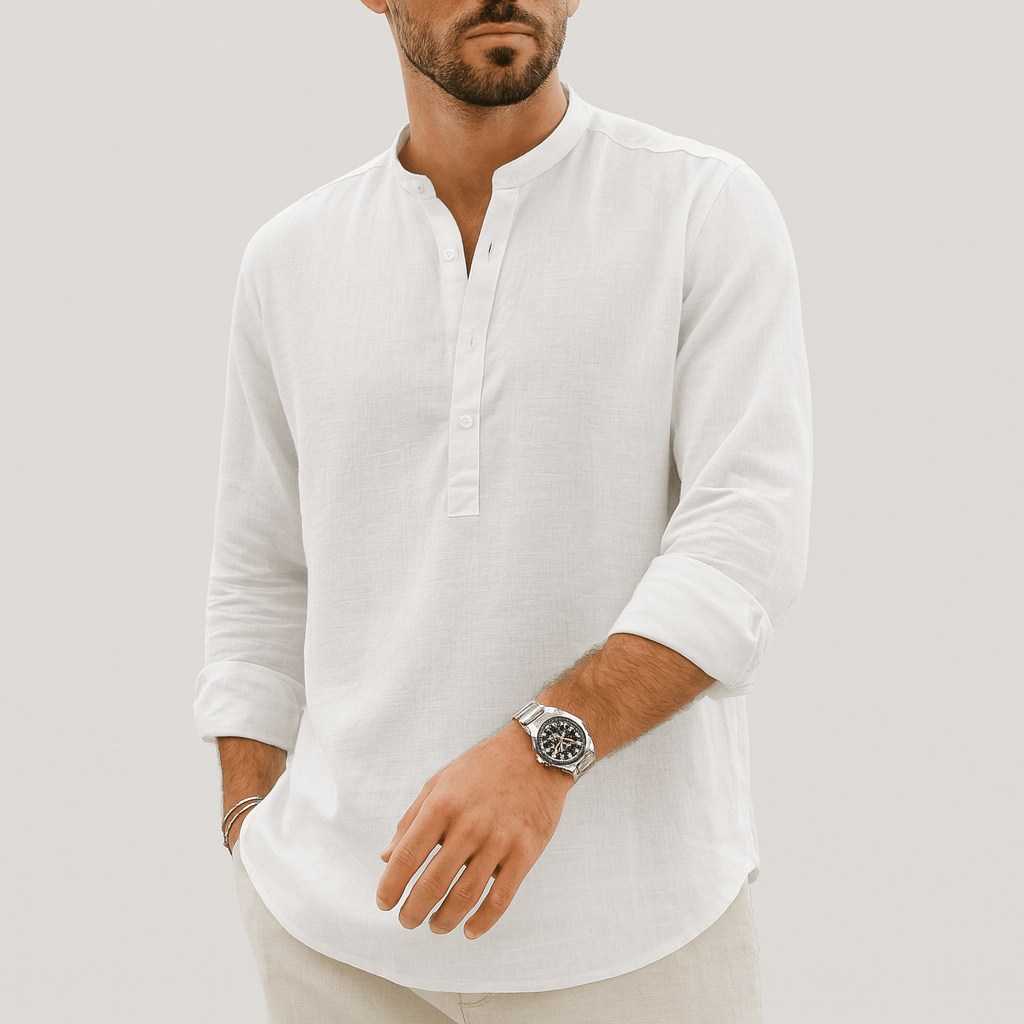 Soviska | Lniana koszula henley z długim rękawem-Męskie koszule casualowe-Soviska-Niebieski-S-Soviska