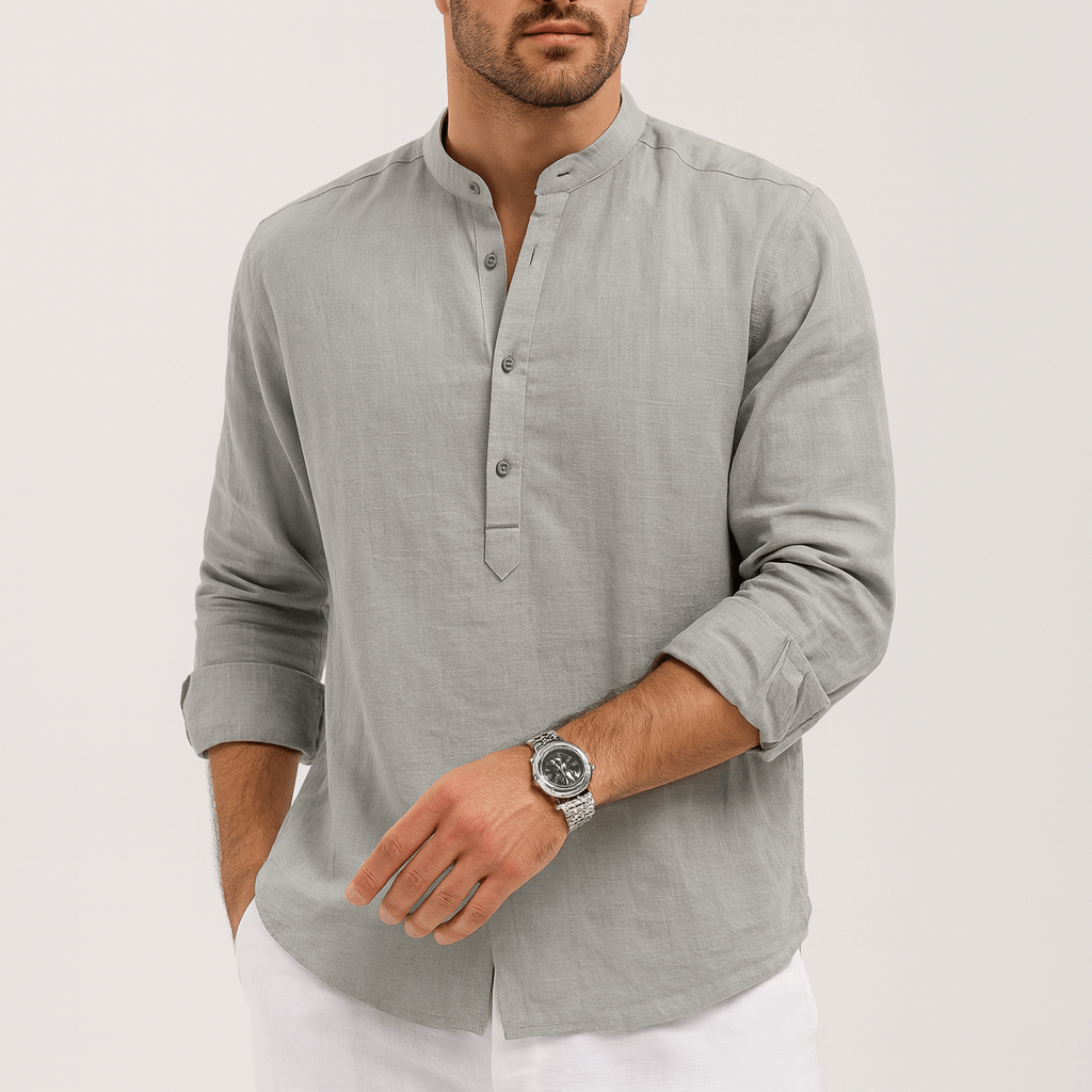 Soviska | Lniana koszula henley z długim rękawem-Męskie koszule casualowe-Soviska-Niebieski-S-Soviska