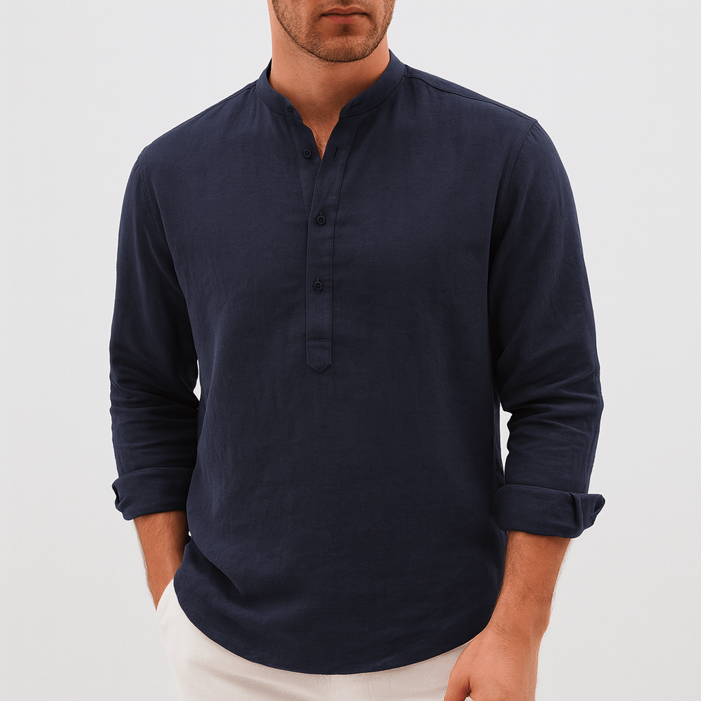 Soviska | Lniana koszula henley z długim rękawem-Męskie koszule casualowe-Soviska-Niebieski-S-Soviska