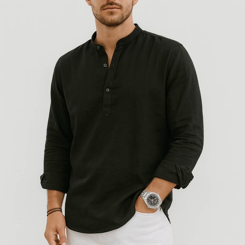 Soviska | Lniana koszula henley z długim rękawem-Męskie koszule casualowe-Soviska-Niebieski-S-Soviska