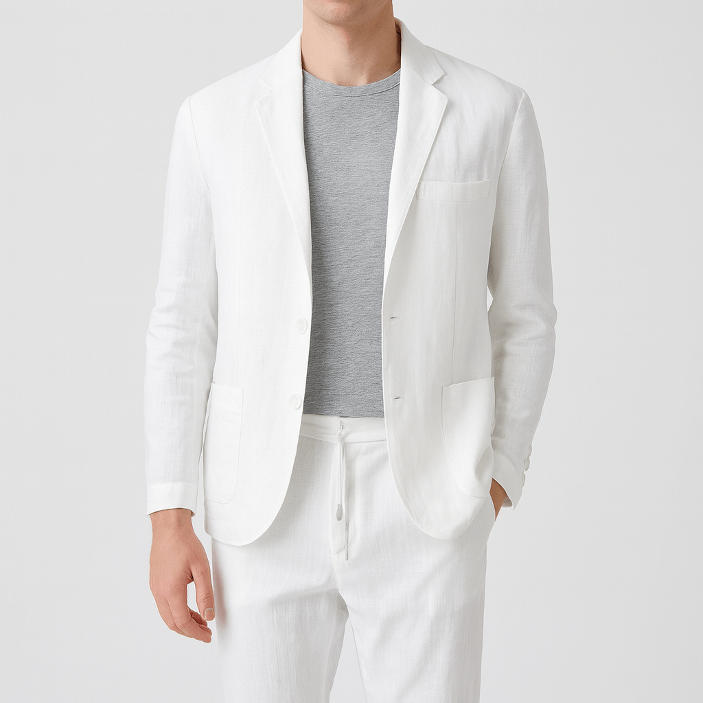 Soviska | Lniany komplet z marynarką i spodniami-Zestawy odzieżowe-Soviska-Beżowy-S-Soviska