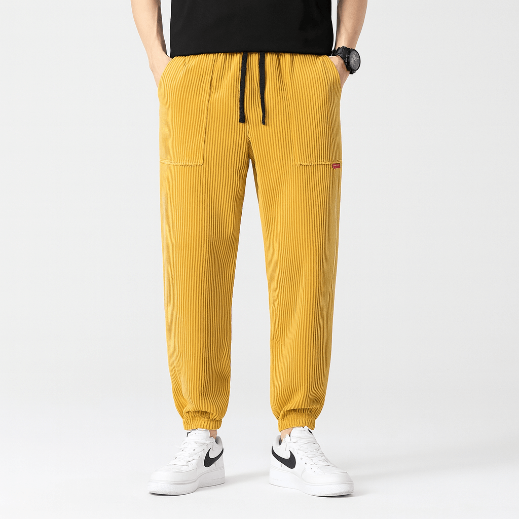Soviska | Luźne sztruksowe spodnie dresowe z regulowanym pasem-Spodnie-Soviska-Żółty-M-Soviska