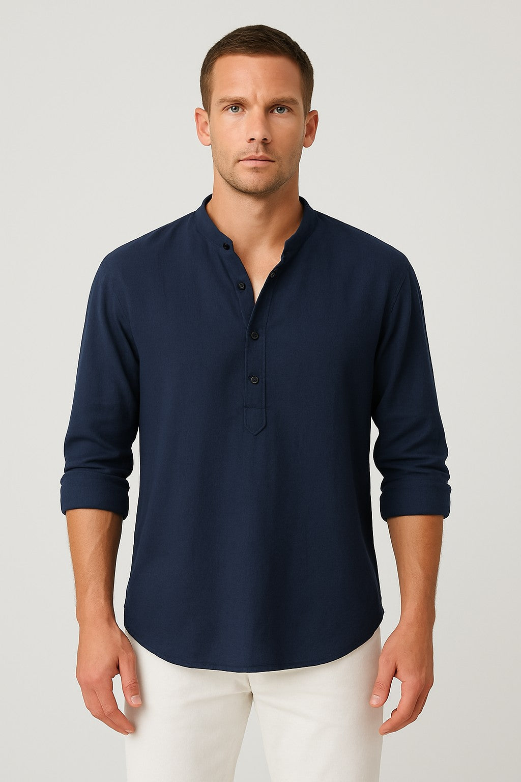 Soviska | Luźny lniana koszula z długim rękawem-Koszule casualowe-Soviska-Ciemnoniebieski-S-Soviska