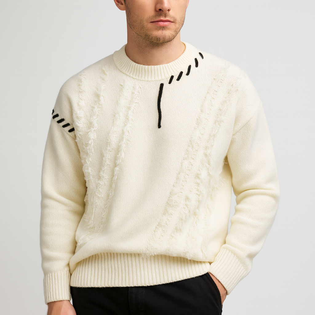 Soviska | Luźny sweter z patchworkowym wzorem i frędzlami-Swetry-Soviska-Czarny-S-Soviska