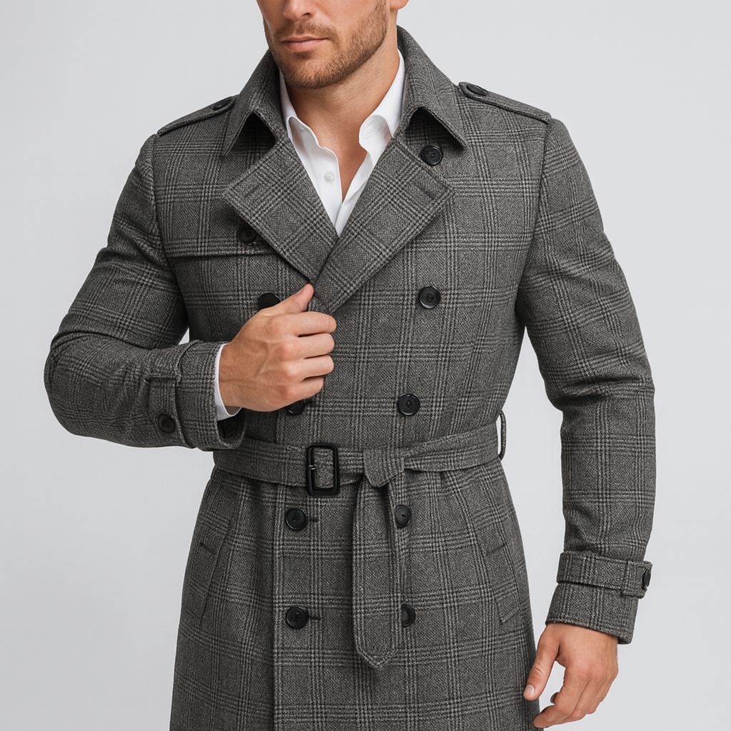 Soviska | Ocieplany trencz w kratę-Płaszcze, Kurtki i Kamizelki-Soviska-Ciemnoszary-M-Soviska