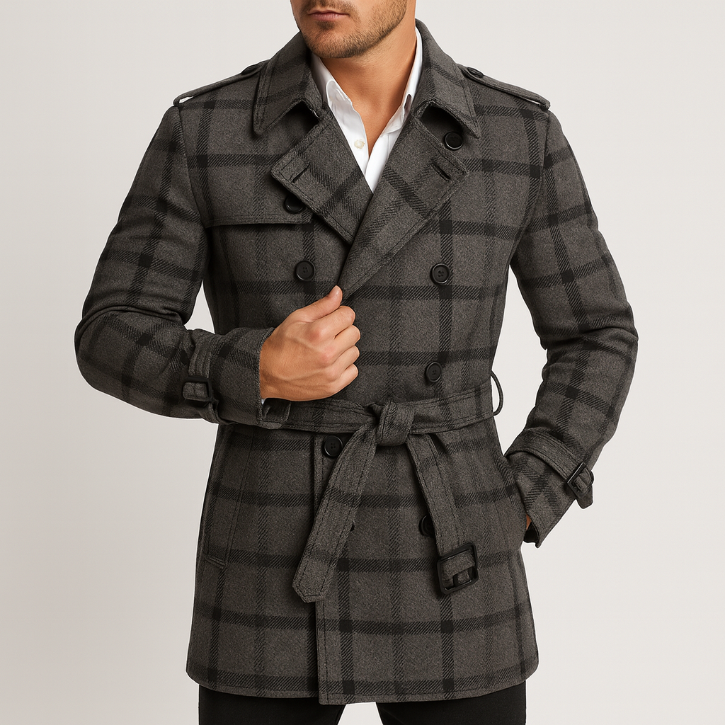 Soviska | Ocieplany trencz w kratę-Płaszcze, Kurtki i Kamizelki-Soviska-Ciemnoszary-M-Soviska