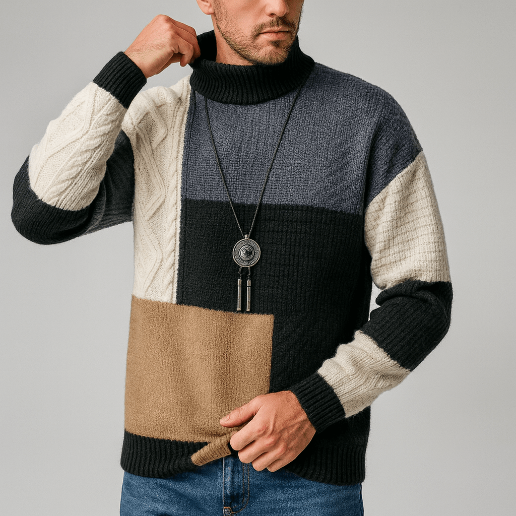 Soviska | Patchworkowy sweter z kołnierzykiem O-Swetry męskie-Soviska-Beżowy-S-Soviska