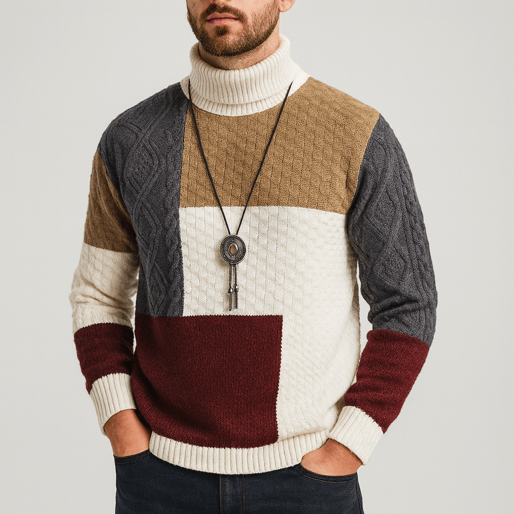 Soviska | Patchworkowy sweter z kołnierzykiem O-Swetry męskie-Soviska-Beżowy-S-Soviska
