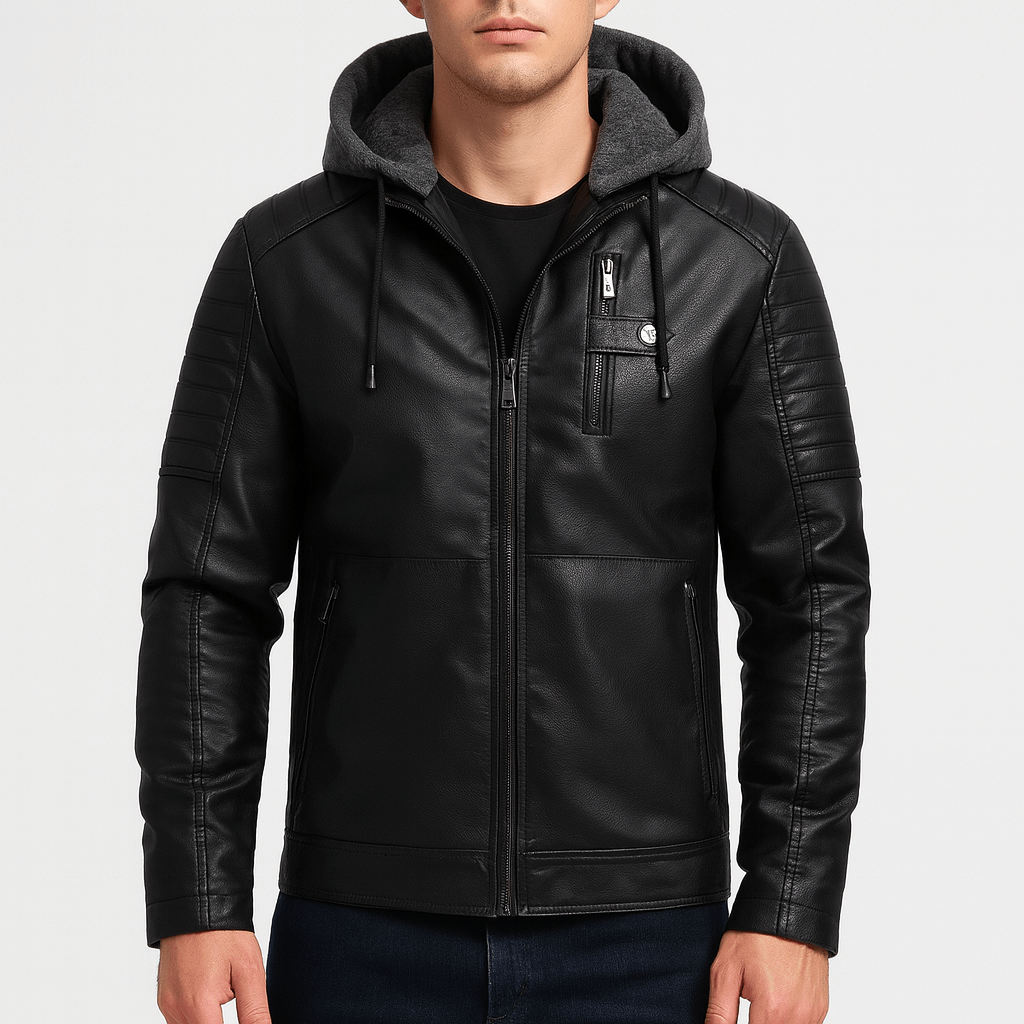 Soviska | Skórzany płaszcz z kapturem z pikowanymi rękawami-Płaszcze i kurtki-Soviska-Beżowy-L-Soviska