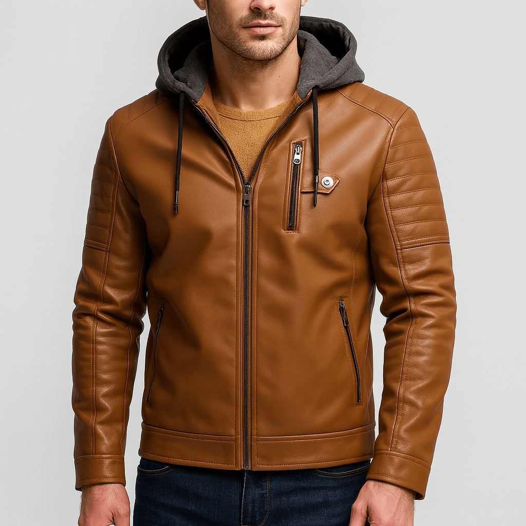 Soviska | Skórzany płaszcz z kapturem z pikowanymi rękawami-Płaszcze i kurtki-Soviska-Beżowy-L-Soviska