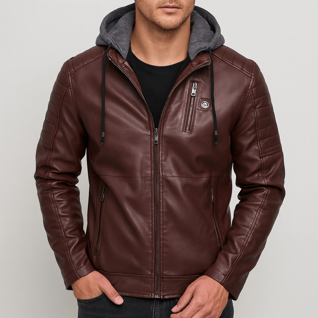 Soviska | Skórzany płaszcz z kapturem z pikowanymi rękawami-Płaszcze i kurtki-Soviska-Beżowy-L-Soviska