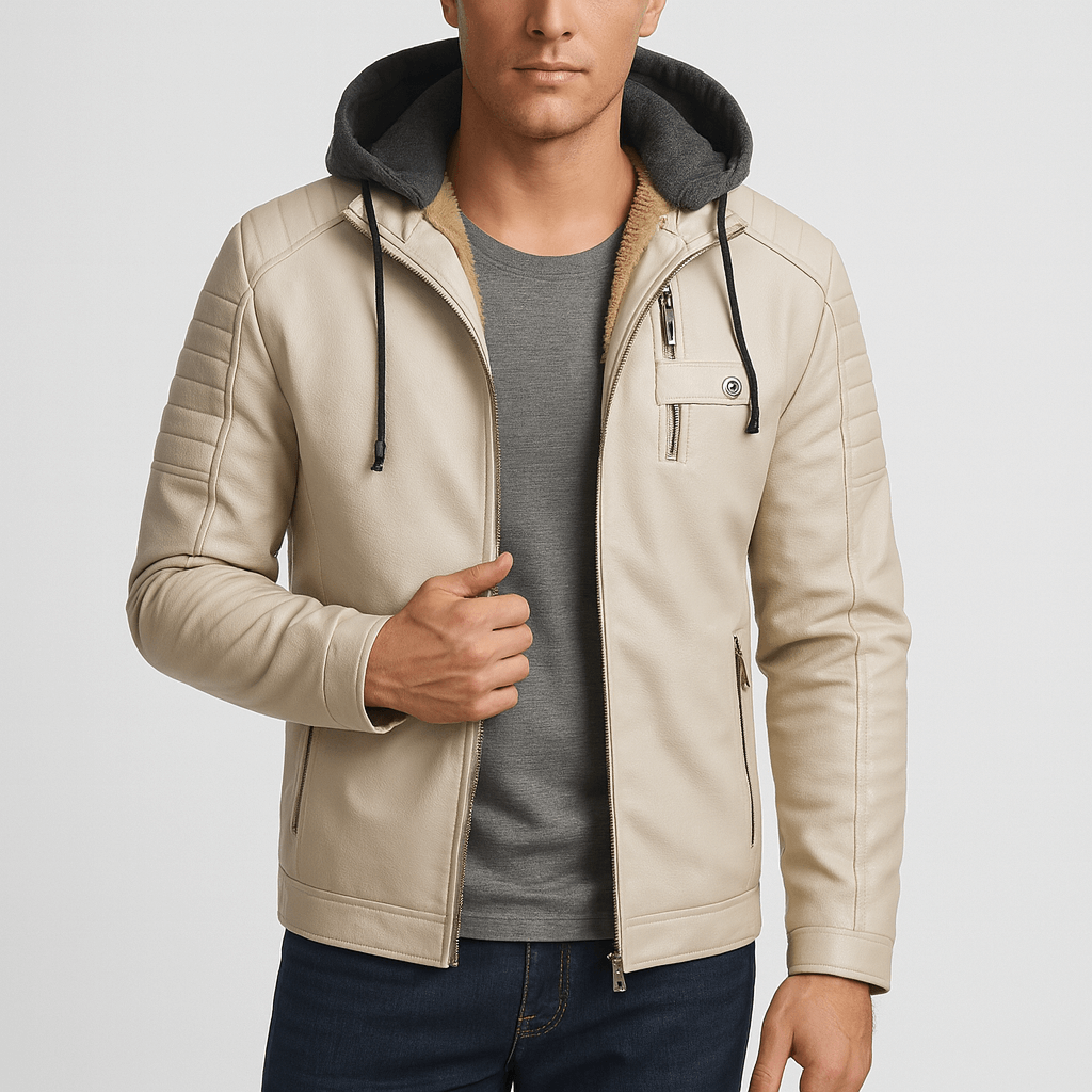 Soviska | Skórzany płaszcz z kapturem z pikowanymi rękawami-Płaszcze i kurtki-Soviska-Beżowy-L-Soviska