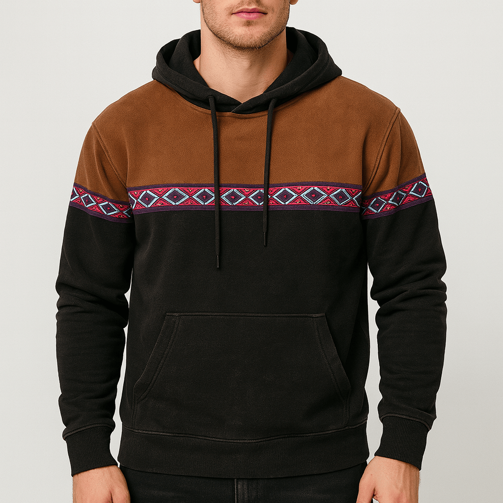 Soviska | Vintage inspired hoodie z wzorem na piersi i rękawach-Bluzy z kapturem-Soviska-Brązowy-S-Soviska
