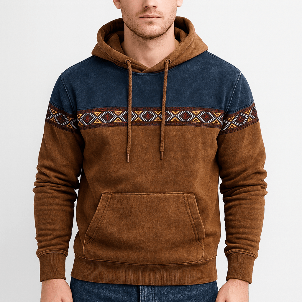 Soviska | Vintage inspired hoodie z wzorem na piersi i rękawach-Bluzy z kapturem-Soviska-Brązowy-S-Soviska