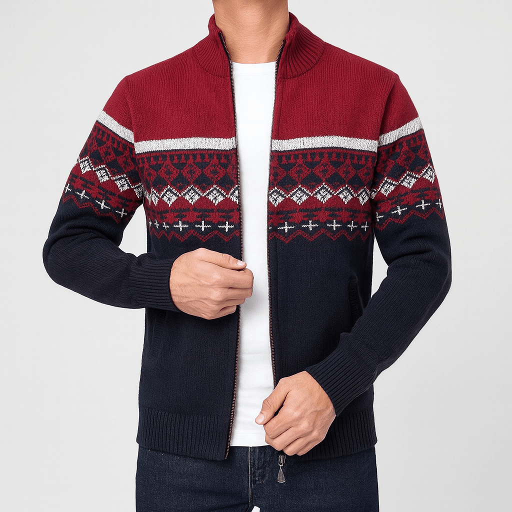 Soviska | Wzorzysty sweter z zamkiem-Swetry męskie-Soviska-Czerwony-S-Soviska